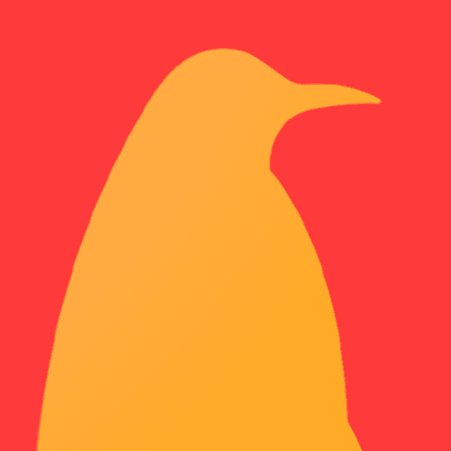 Pinguim Cast Logo with a penguing posing in yellow and red background